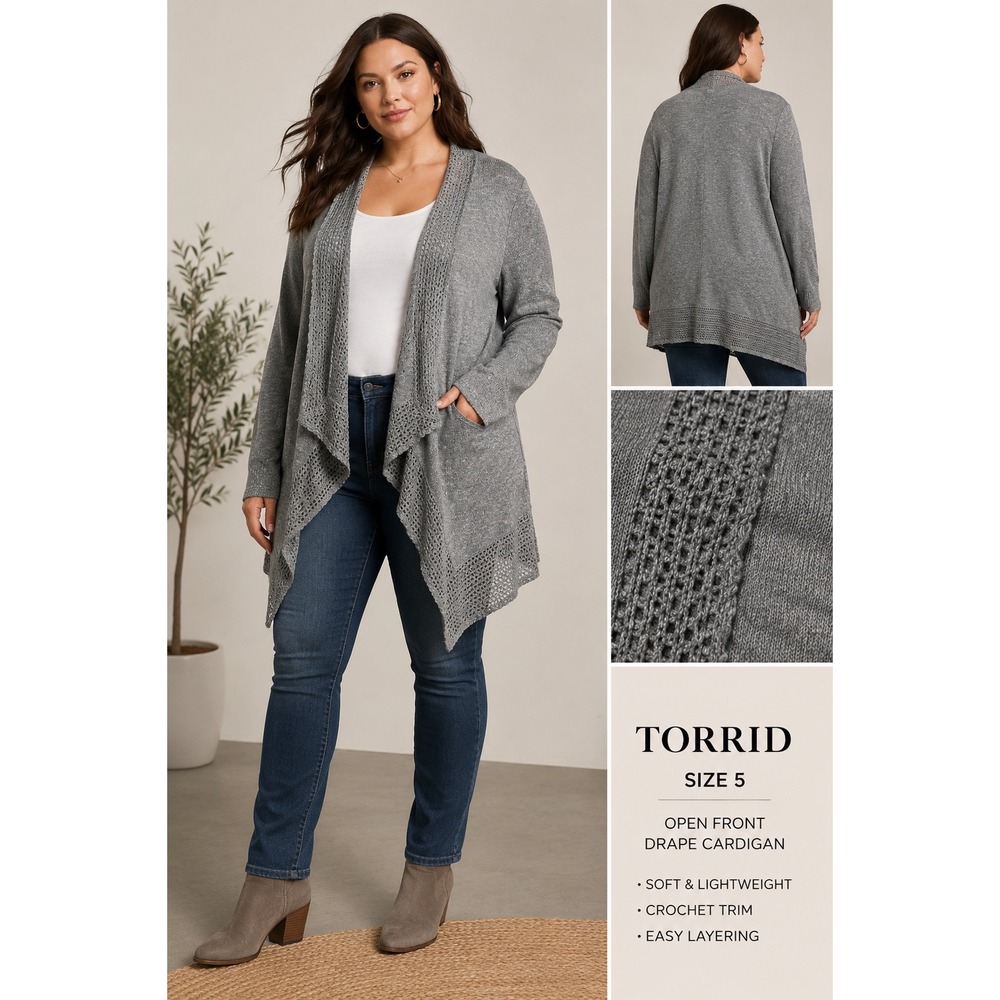 Torrid Grey‎ Marl Open Front Cardigan Sweater Plus Size 5 Pointelle Trim Draped